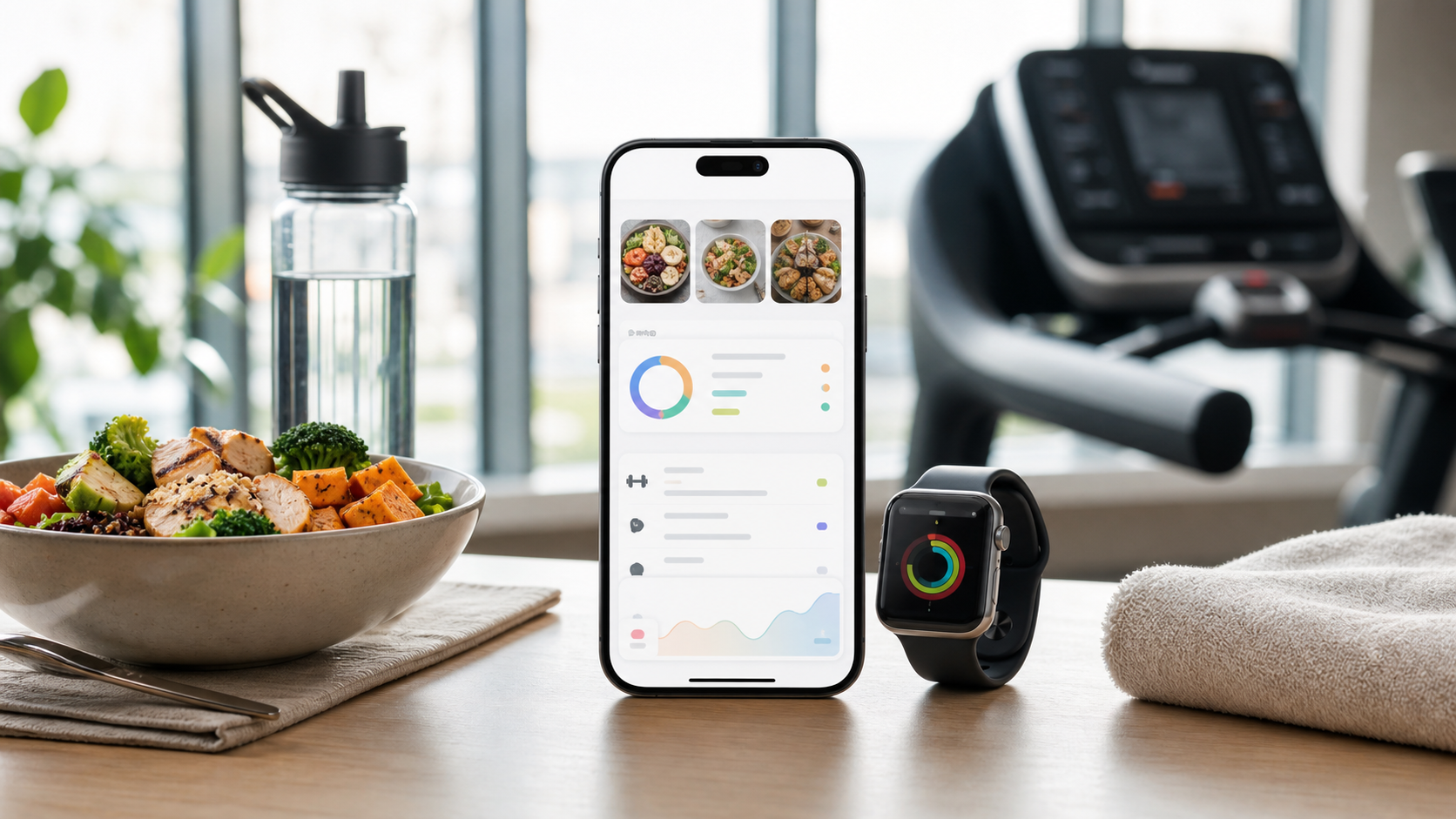 Toolmino Fit+ on a phone beside a meal, smartwatch, and treadmill